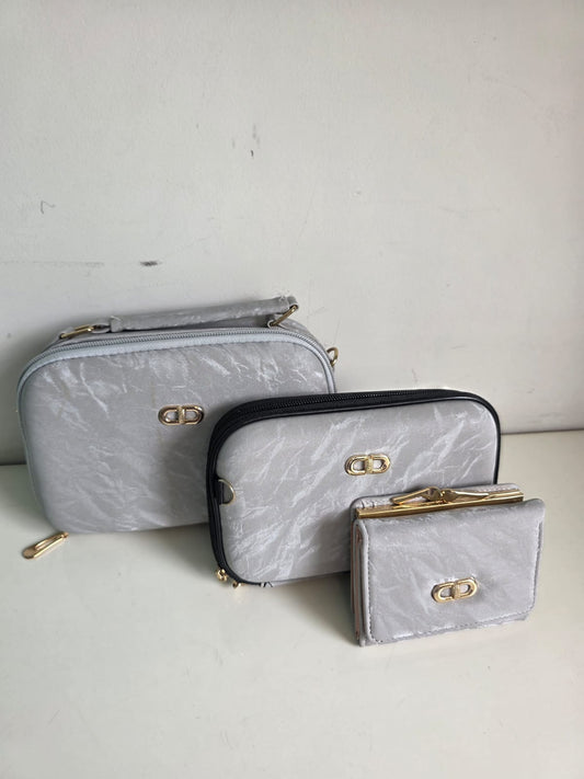 Elegant 3-in-1 Bag Set with Gold Hardware - Crossbody, Cosmetic & Wallet