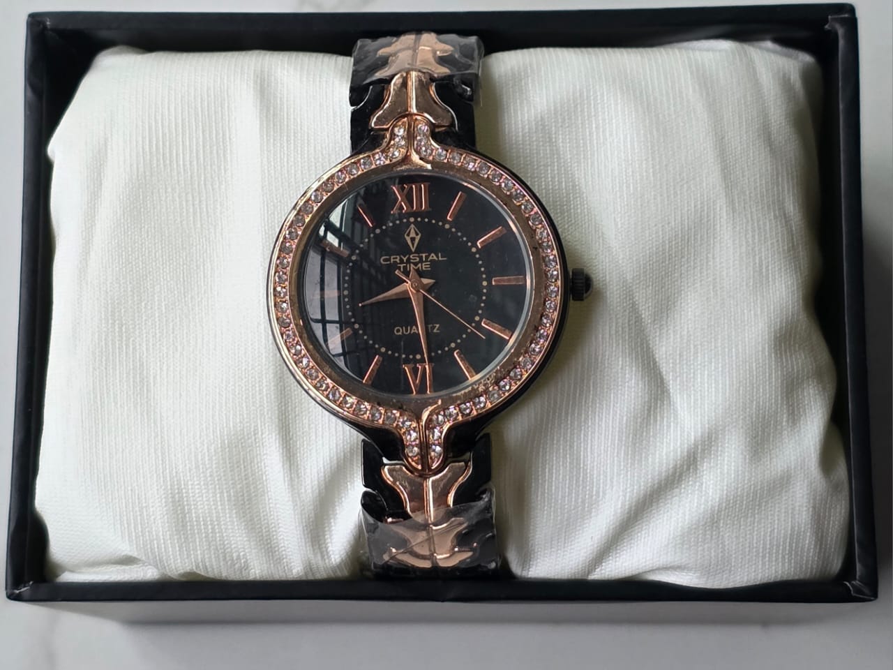 Sophisticated Black Crystal Time Watch with Rose Gold Roman Numerals & Crystal Bezel