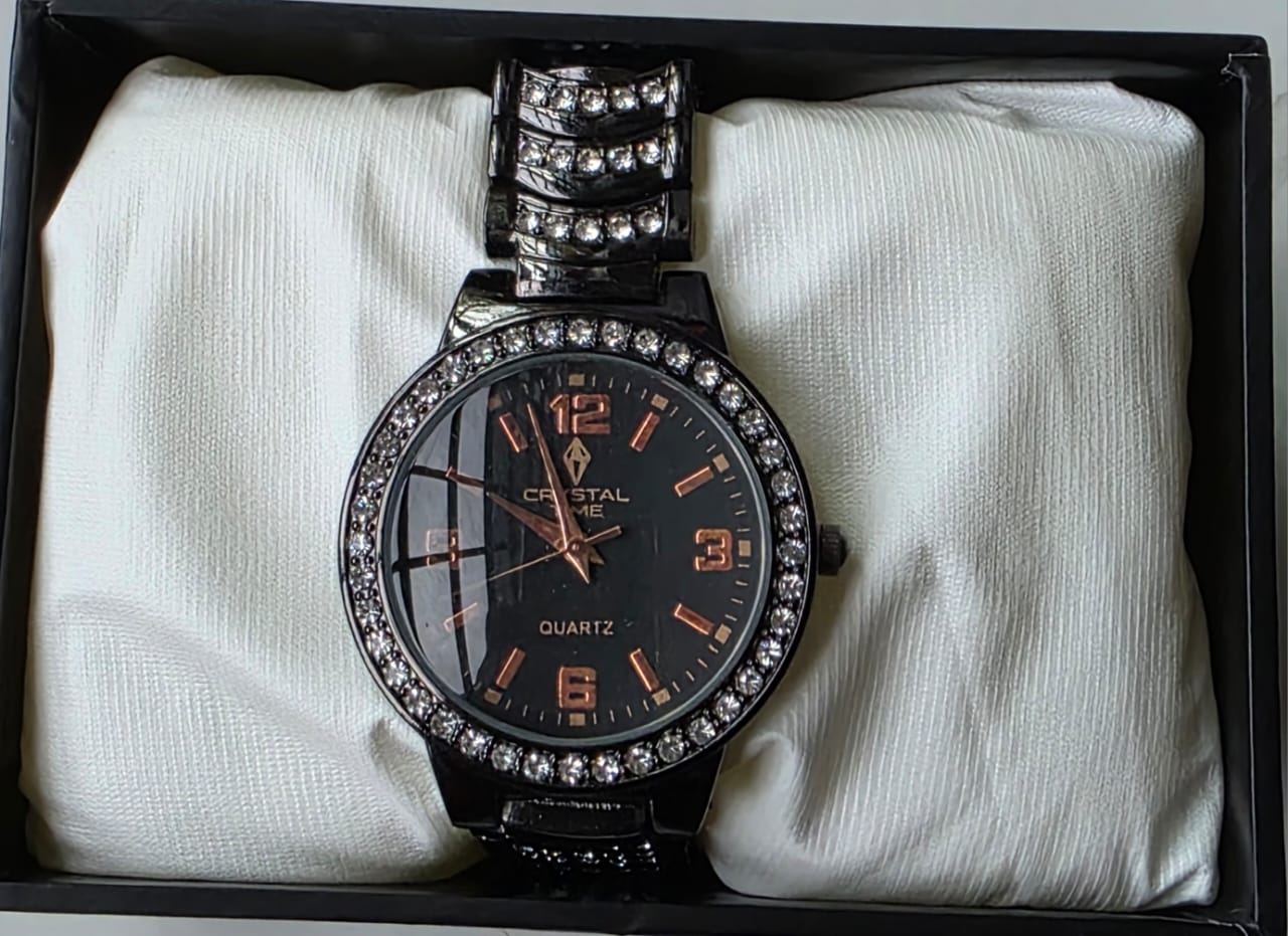 Sophisticated Black Crystal Time Watch with Rose Gold Accents & Crystal Bezel