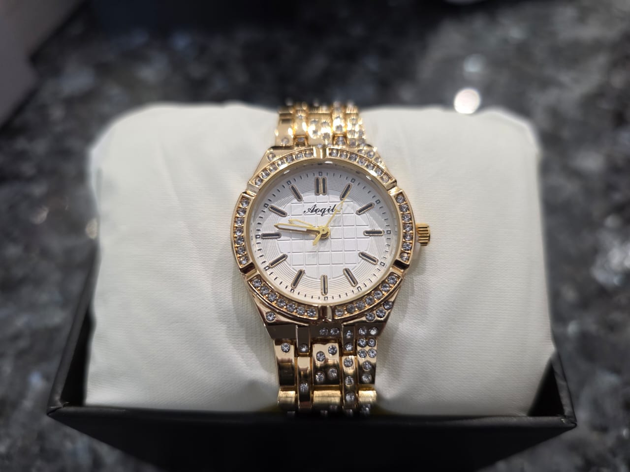 Luxurious Gold Angeli Watch with Checkered Dial & Full Crystal Bracelet