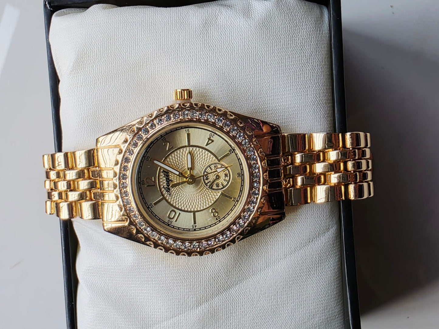 Premium Gold Multi-Function Watch with Crystal Bezel - Luxury Timepiece