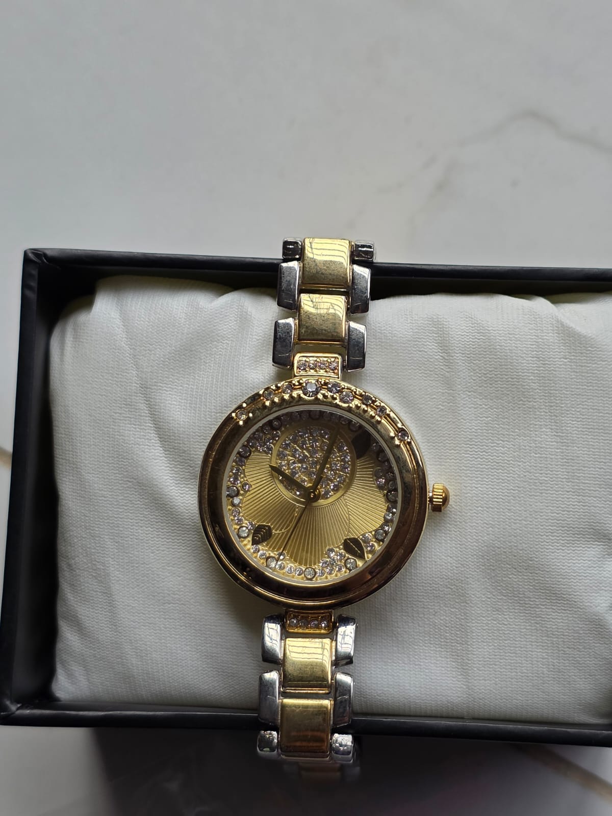 Spectacular Two-Tone Watch with Sunburst Dial & Floating Crystals - Heart Motif
