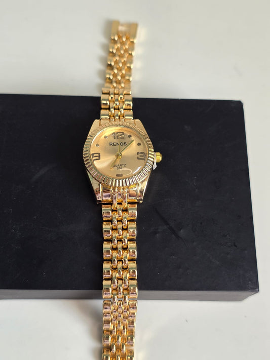 RENOS Classic Gold Watch - Fluted Bezel Multi-Link Women's Luxury Timepiece