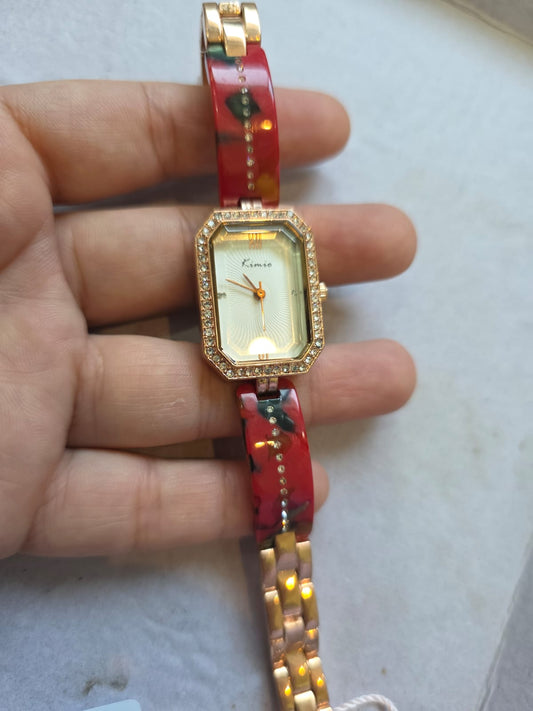 Kimio Luxury Crystal Watch - Red Resin Strap Rose Gold Women's Designer Timepiece