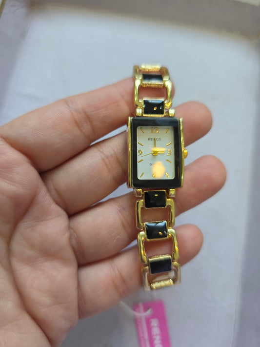 RENOS Rectangular Gold Watch - Two-Tone Black & Gold Women's Designer Bracelet Timepiece