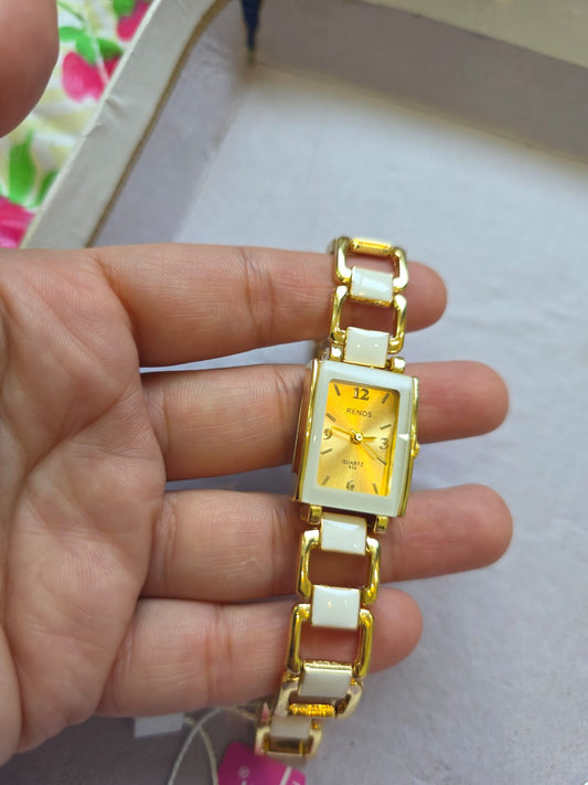 RENOS Rectangular Gold Watch - Two-Tone White & Gold Women's Luxury Timepiece
