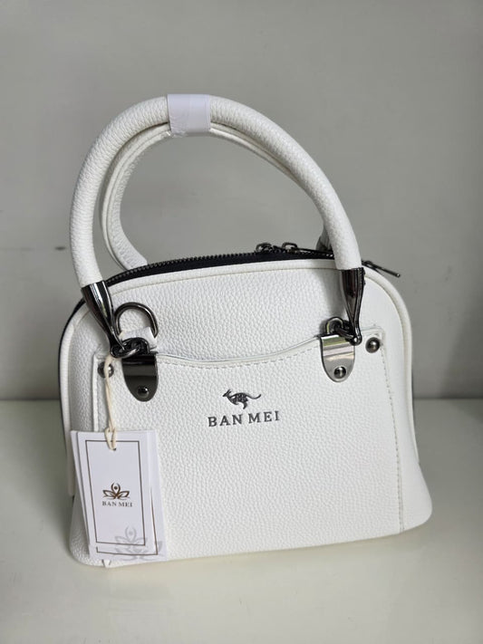 Elegant BAN MEI White Leather Handbag with Silver Hardware - Premium Tote Bag