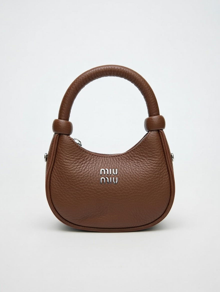 Brown Textured Leather Hobo Bag with Knotted Handle