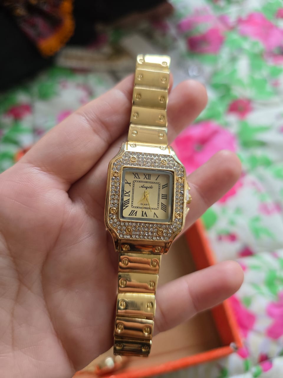 Luxury Gold Crystal Square Watch - Roman Numeral Timepiece