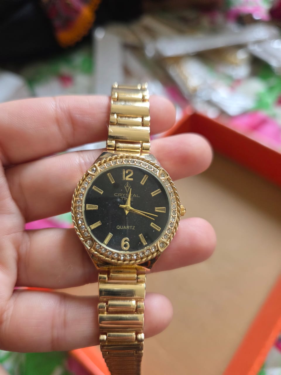 Elegant Gold Crystal Life Watch with Black Dial - Premium Quartz Timepiece