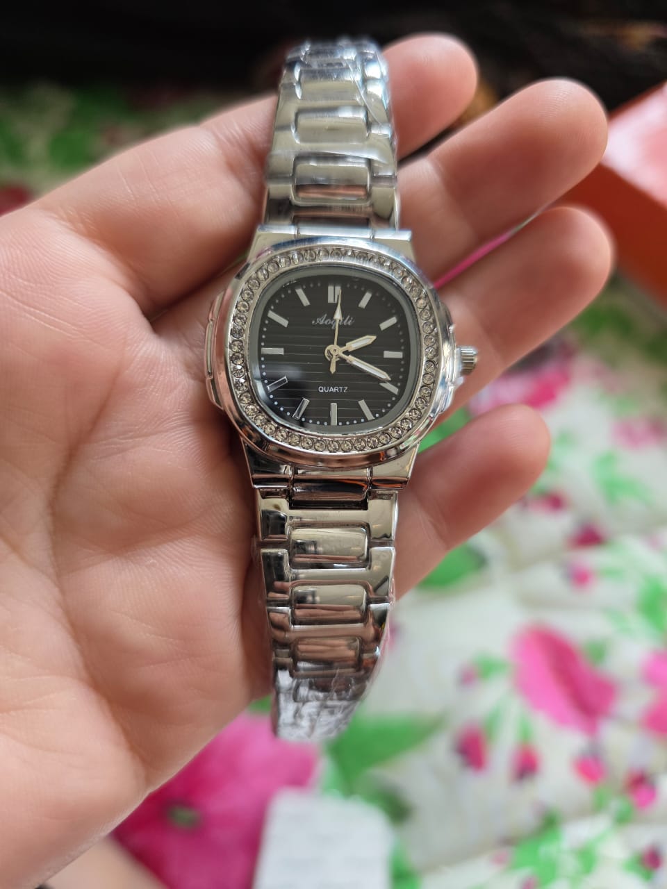 Premium Silver Cushion-Shaped Watch with Crystal Bezel - Angeli Designer Timepiece