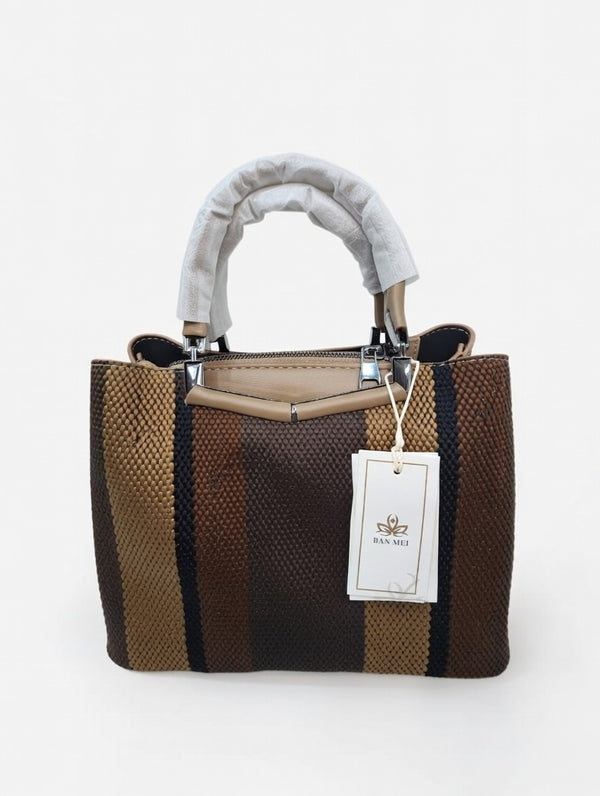 Brown and Tan Striped Woven Tote Bag