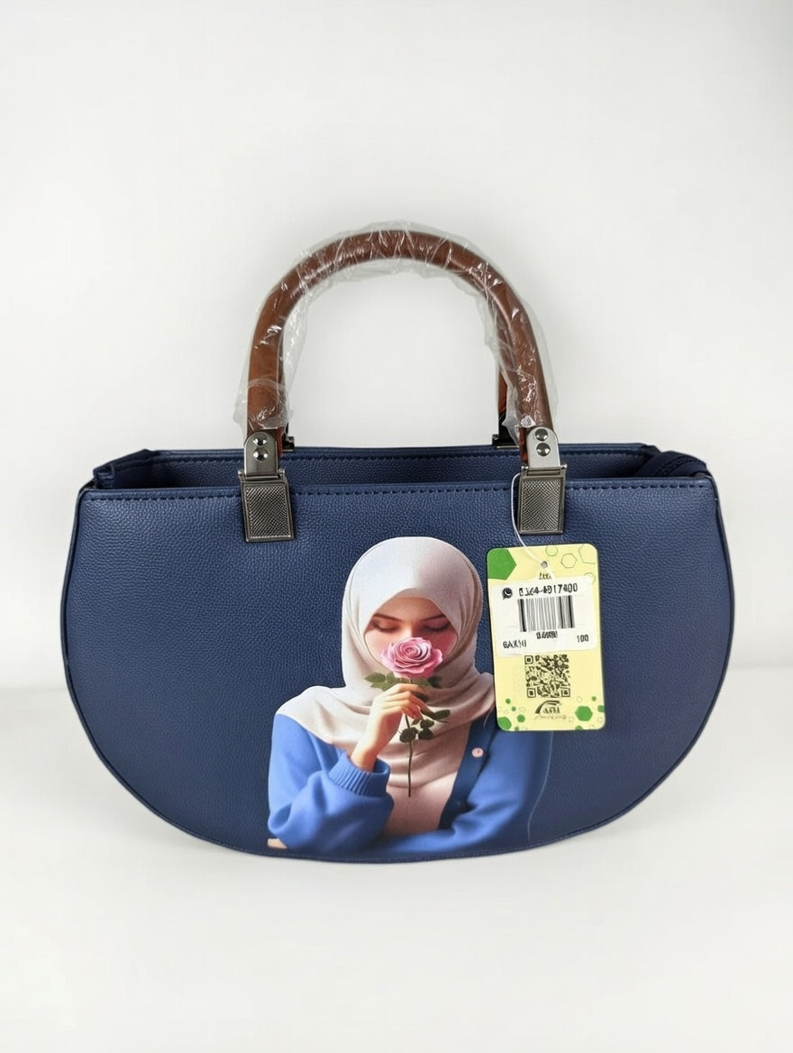 Blue Canvas Handbag with Portrait Art Print