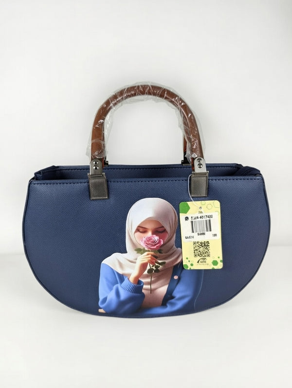 Blue Canvas Handbag with Portrait Art Print
