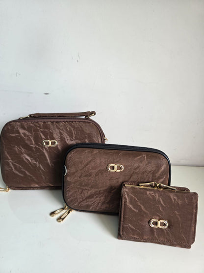 Elegant 3-in-1 Bag Set with Gold Hardware - Crossbody, Cosmetic & Wallet