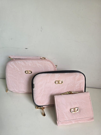 Elegant 3-in-1 Bag Set with Gold Hardware - Crossbody, Cosmetic & Wallet