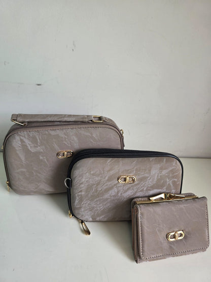 Elegant 3-in-1 Bag Set with Gold Hardware - Crossbody, Cosmetic & Wallet
