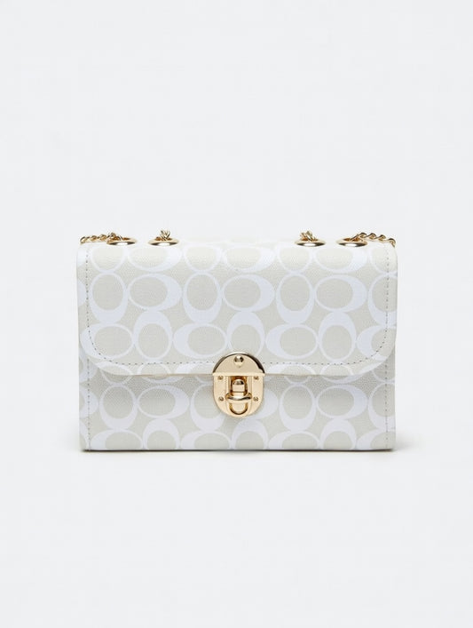 White Classic Plaid Check Pattern Handbag with Gold Chain