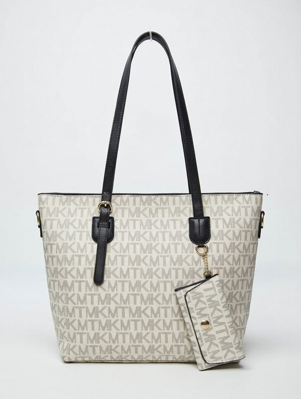 Cream Logo Print Tote Bag with Wallet Set
