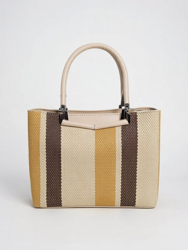 Gold and Brown Striped Woven Tote Bag