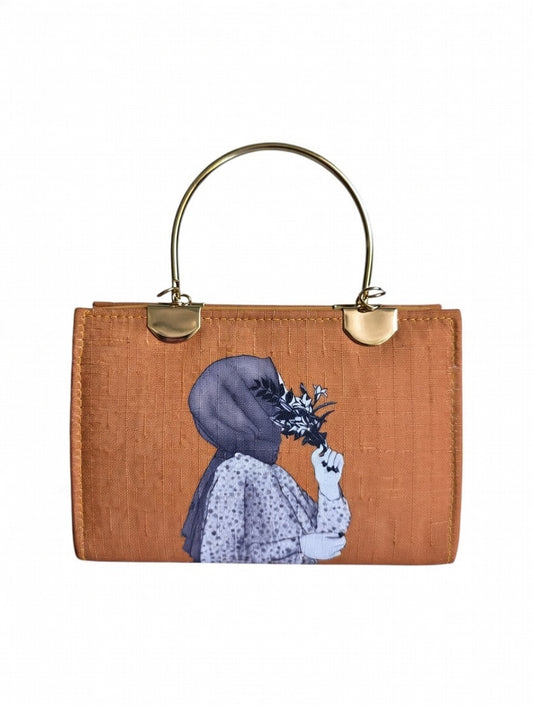 Lucibella Artistic orange Canvas Handbag with Gold Hardware