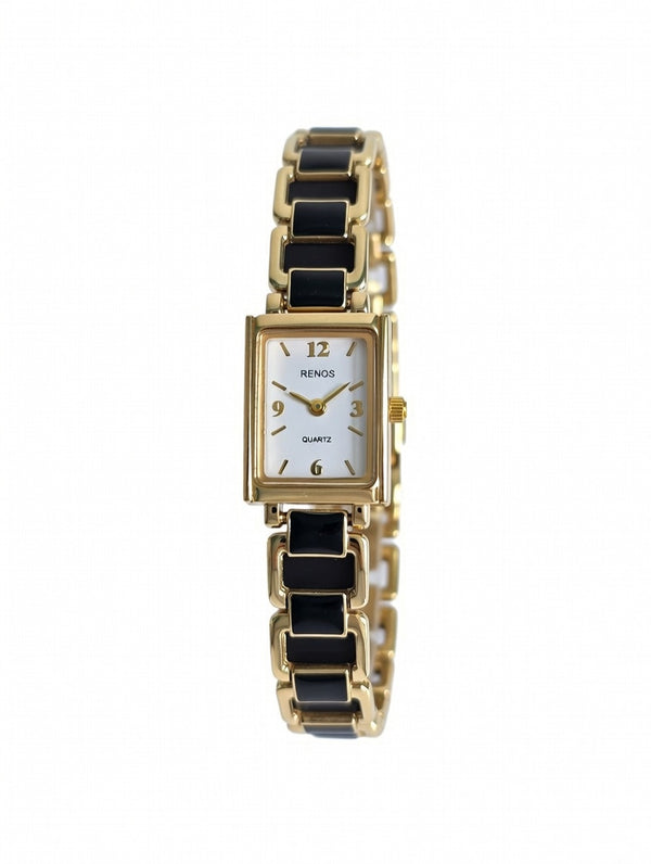 RENOS Rectangular Gold Watch - Two-Tone Black & Gold Women's Designer Bracelet Timepiece