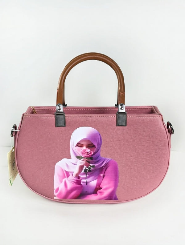 Dark Pink Leather Handbag with Portrait Art Print