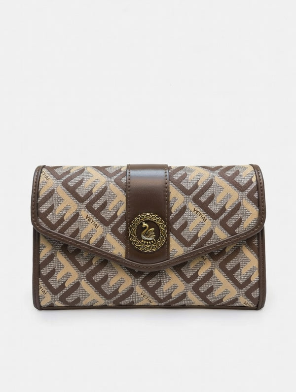 Geometric Pattern Clutch Wallet with Swan Emblem
