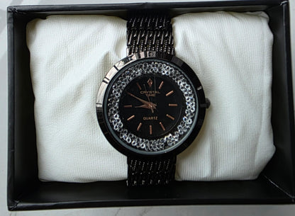 Elegant Black Crystal Watch - CHRISAL Quartz Timepiece