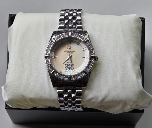 Elegant Silver Crystal Time Watch with Floral Dial & Crystal Bezel