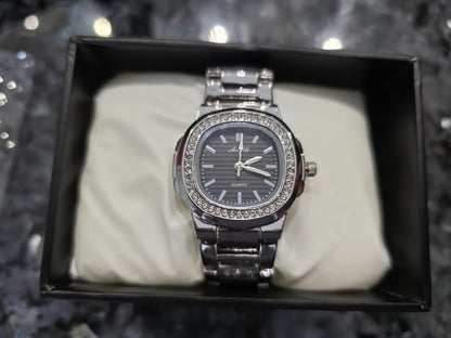 Premium Silver Cushion-Shaped Watch with Crystal Bezel - Angeli Designer Timepiece