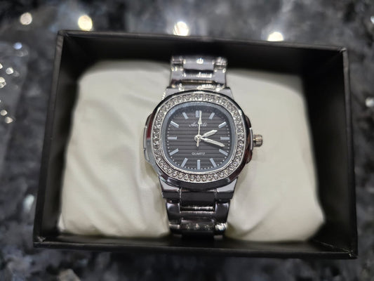 Premium Silver Cushion-Shaped Watch with Crystal Bezel - Angeli Designer Timepiece