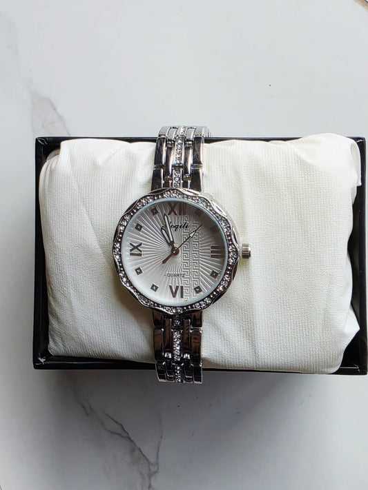 Elegant Silver Angeli Watch with Sunburst Dial & Crystal Bezel - Premium Timepiece