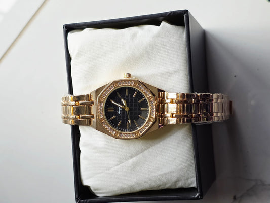 Luxury Gold Watch with Crystal Bezel & Textured Black Dial - Angeli Timepiece