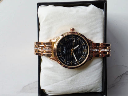 Premium Rose Gold Watch with Textured Black Dial - Angeli Quartz