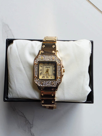 Luxury Gold Crystal Square Watch - Roman Numeral Timepiece