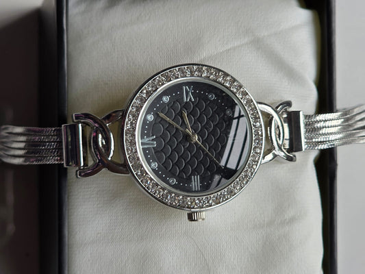 Sophisticated Silver Watch with Quilted Black Dial & Crystal Bezel - Roman Numerals