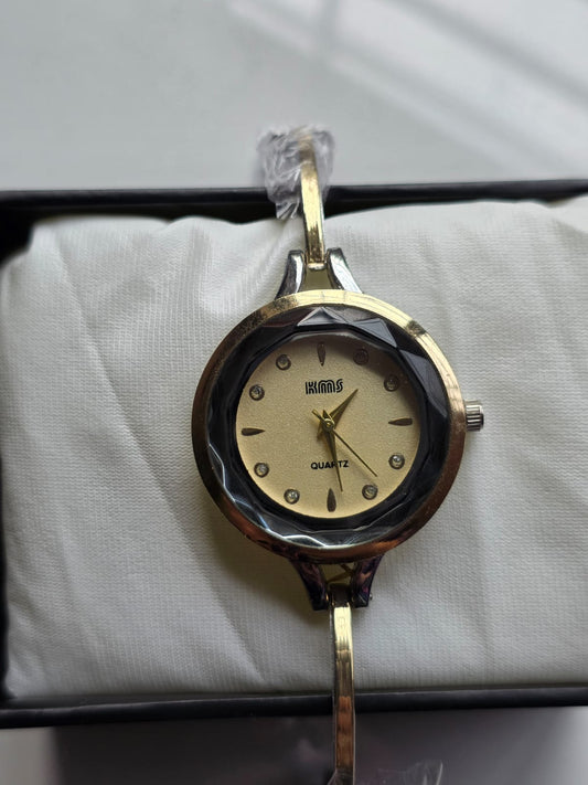 Elegant KLIMS Gold Bangle Watch with Crystal Accents & Champagne Dial