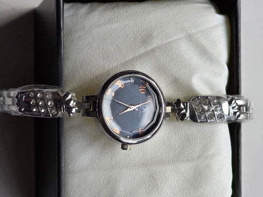 Elegant CK Silver Watch with Crystal Bracelet & Deep Blue Dial