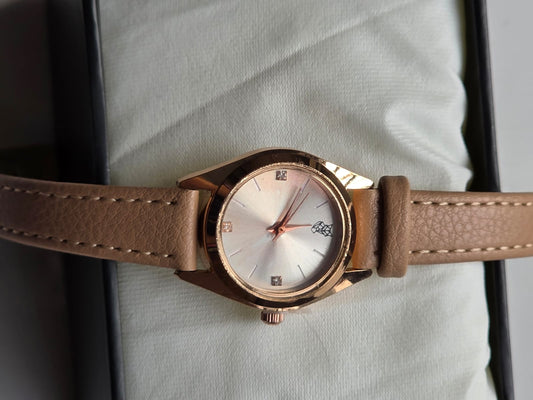 Classic Rose Gold Watch with Premium Leather Strap & Crystal Accents
