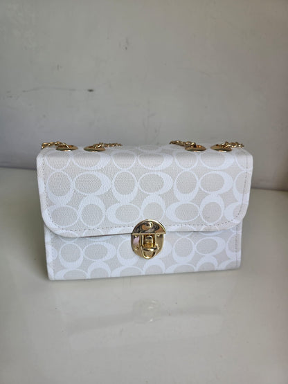 White Classic Plaid Check Pattern Handbag with Gold Chain