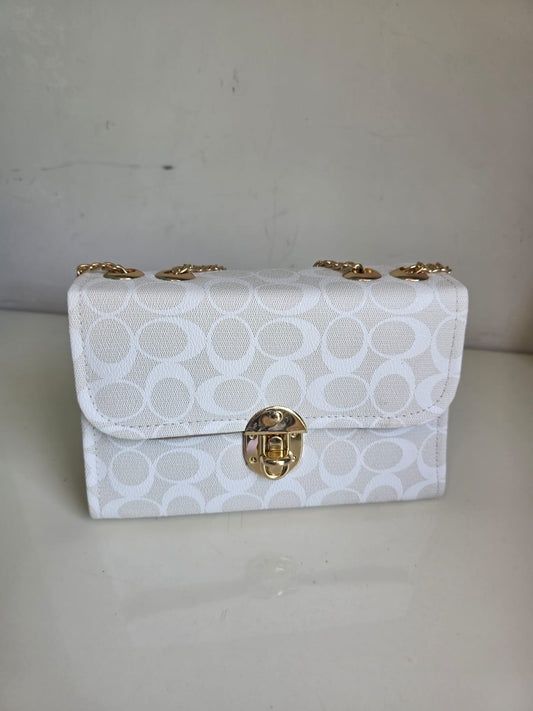 White Classic Plaid Check Pattern Handbag with Gold Chain