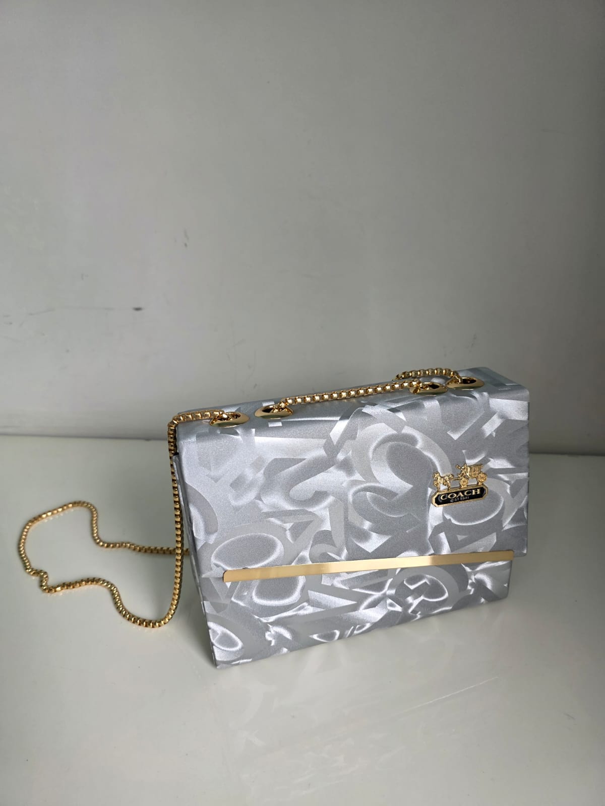 Grey Floral Pattern Clutch Bag with Gold Chain