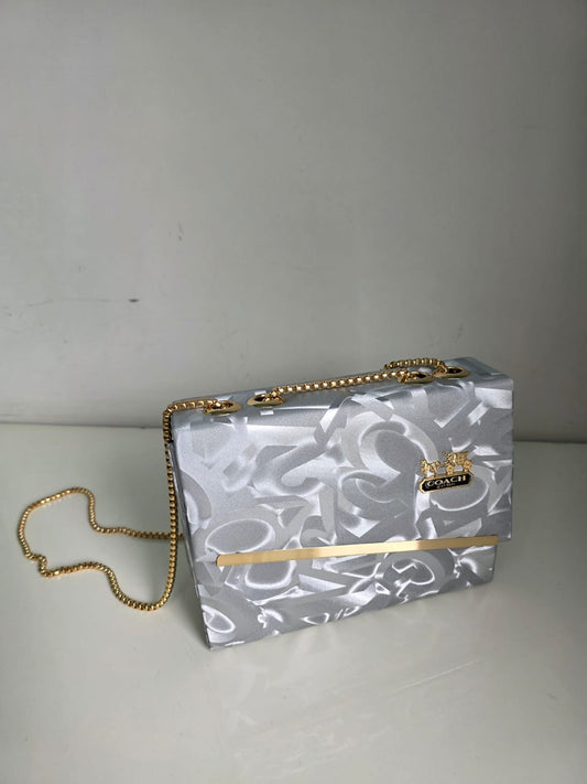 Grey Floral Pattern Clutch Bag with Gold Chain