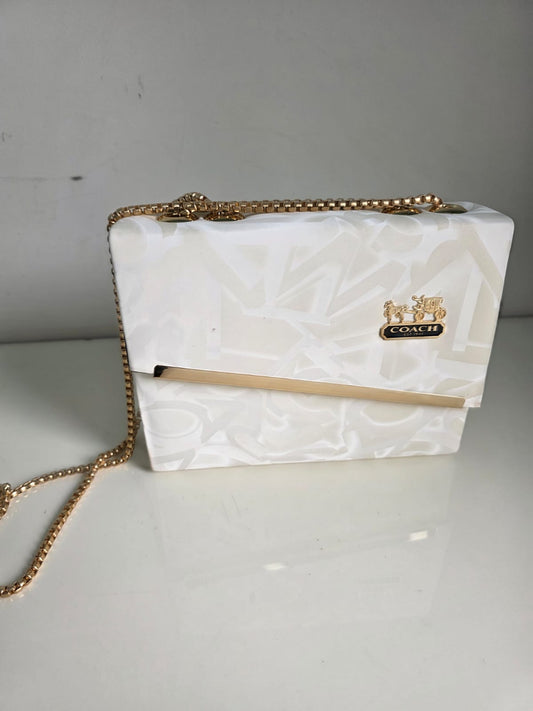 White Floral Pattern Clutch Bag with Gold Chain