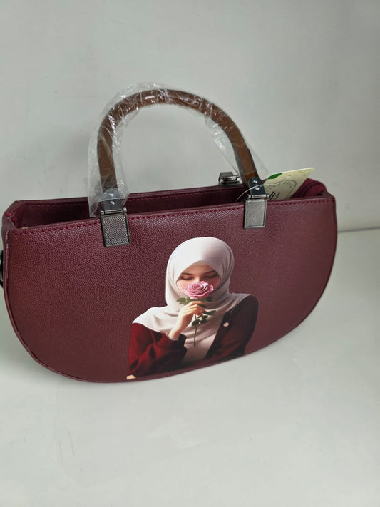 Mehroon Leather Handbag with Portrait Art Print