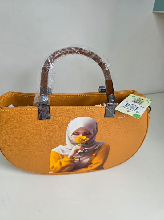 Mustard Leather Handbag with Portrait Art Print