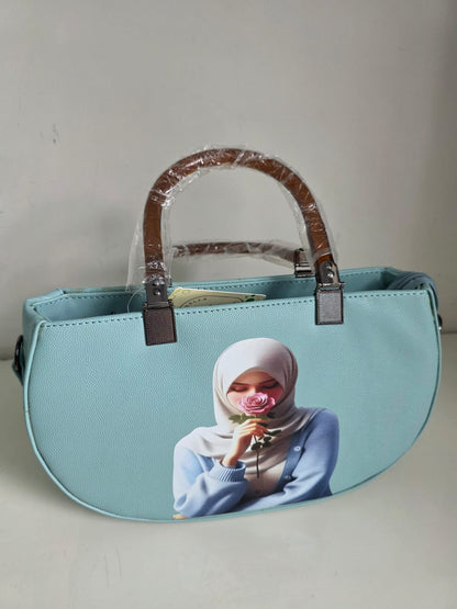 Light Blue Leather Handbag with Portrait Art Print