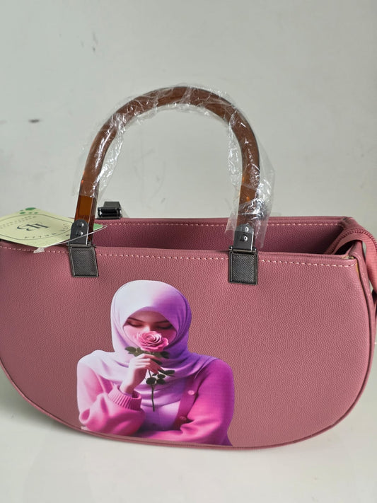 Dark Pink Leather Handbag with Portrait Art Print