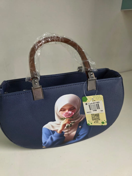 blue Canvas Handbag with Portrait Art Print